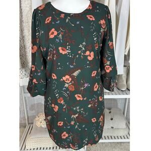 Skies Are Blue Women's Size L Green Floral Ruffle Sleeve Shift Dress #0563